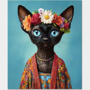 Flower Power Feline: Black Devon Rex Posters and Art